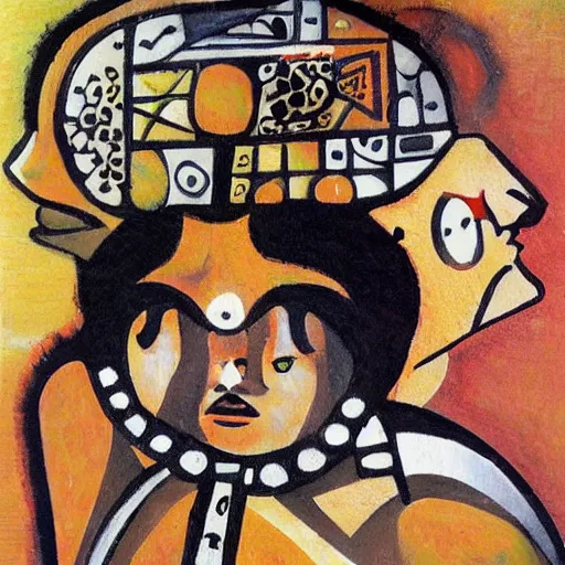 Image similar to fat mayan woman dancing, brilliant sunset, cubism, muted colors, texture