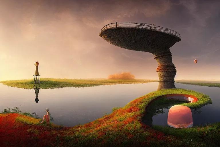 Image similar to a surreal landscape at sunset with a immense gigantic ornated iron chalice cup with a lake inside, water in excess dropping by gediminas pranckevicius