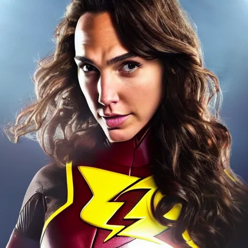 Image similar to an potrait of gal Gadot cast of movie the flash and wearing a flash suit, photorealistic high detail, view from below, full body shot.