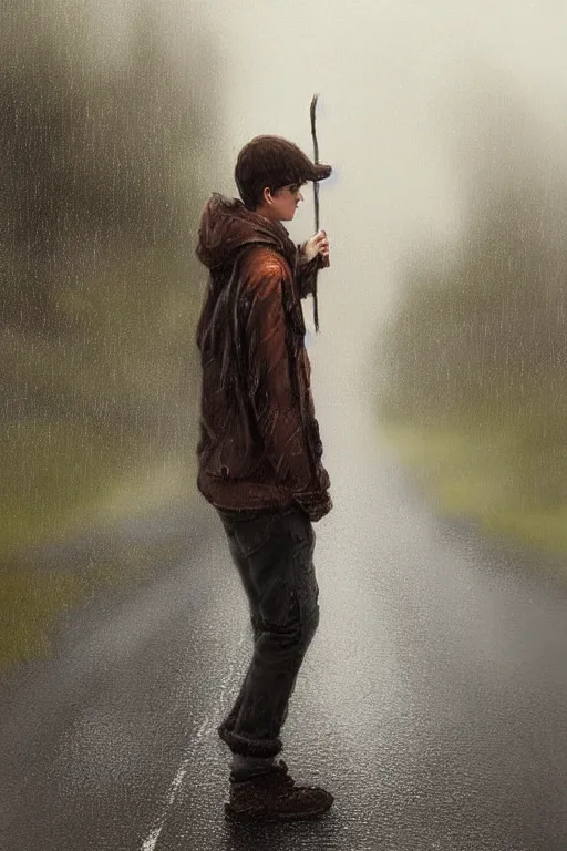 Image similar to Full body portrait of a short, overweight teenage boy, medium length brown hair and fringe, not intelligent, standing in road, rainy wet day, cinematic lighting, by Jordan Grimmer and Wojtek Fus and greg rutkowski, Trending artstation, cinematográfica, digital Art