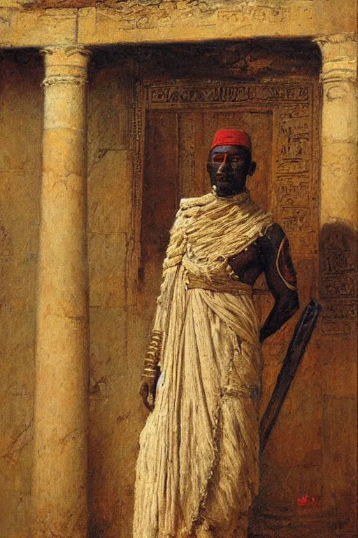 Prompt: portrait of an ancient nubian temple guard in old egypt. art by gaston bussiere.