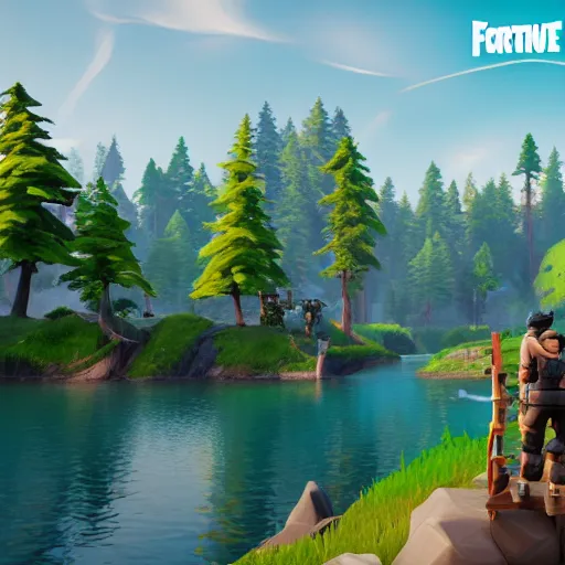 Image similar to a lake as a fortnite artstyle, au naturel, hyper detailed, digital art, trending in artstation, cinematic lighting, studio quality, smooth render, unreal engine 5 rendered, octane rendered, art style by klimt and nixeu and ian sprigger and wlop and krenz cushart