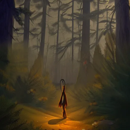 Image similar to medium shot native american, in a dark forest, mysterious, backlit, still from a pixar dreamworks movie, trending on artstation