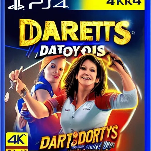 Image similar to video game box art of a ps 4 game called darts with mary lou retton, 4 k, highly detailed cover art.