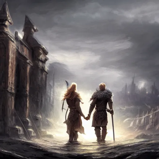 Image similar to epic portrait two viking couple holding hands and watching a city being destoryed in far distance, Blurry backround, explosions, cloudy, digital painting, artstation, concept art, soft light, hdri, smooth, sharp focus, illustration, fantasy, intricate, elegant, highly detailed, D&D, matte painting, in the style of Greg Rutkowski and Alphonse Mucha and artemisia, 8k, highly detailed, jurgens, rutkowski, bouguereau, pastoral, rustic, georgic