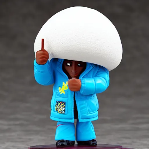 Image similar to magic mushroom wearing large puffer jacket and ak 4 7, nendroid, butcher billy style