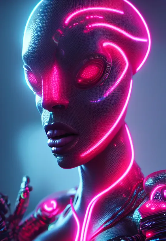 Prompt: ultra realist intricate detailed painting of a single attractive alien female, neon scales and cyborg tech, hyperrealistic, soft lighting, octane render