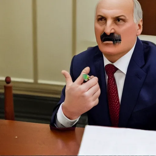 Prompt: Alexander Lukashenko as the American Psycho, staring psychopathically, sweating hard