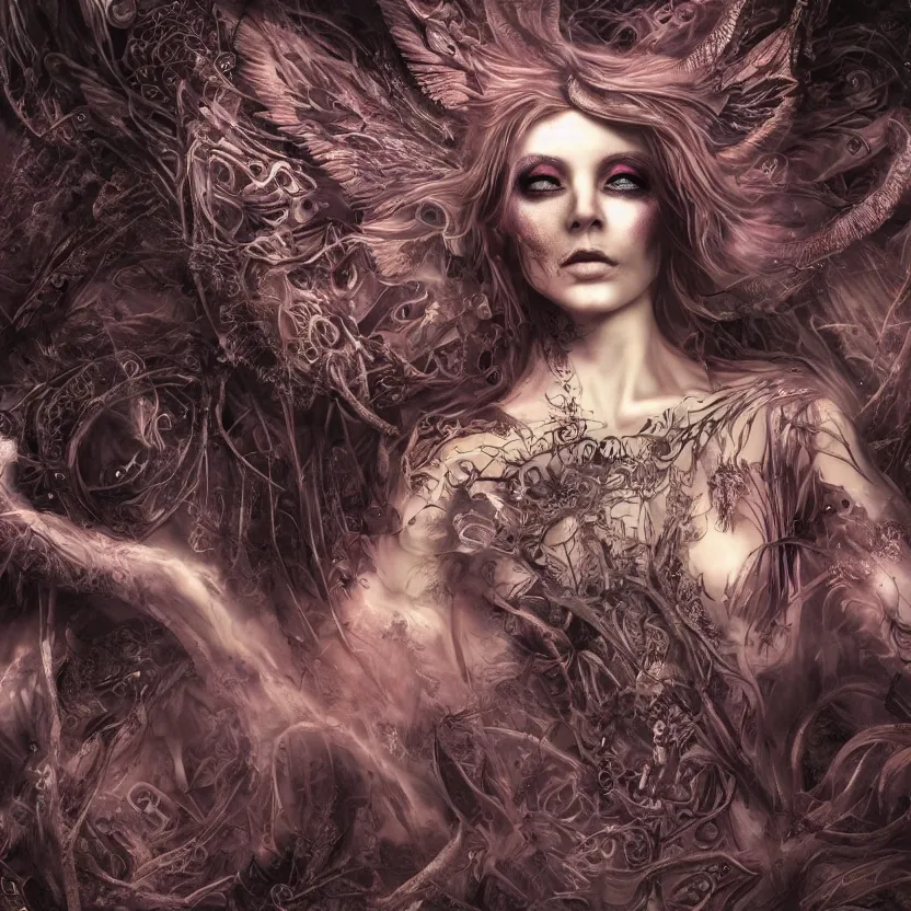 Prompt: stunning otherworldly Gothic goddess of beauty swarming in psychedelic Wicca, dark and mysterious, atmospheric, ominous, eerie, cinematic, Epic, 8k, 4k, ultra detail, ultra realistic, rendered by awesomeness
