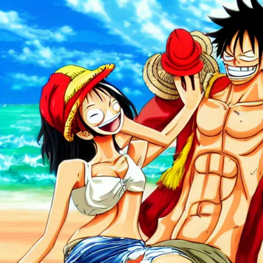 Image similar to luffy from one piece, anime art, pixiv, luffy is on the beach with nami