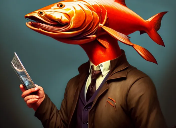 Image similar to a anthropomorphic salmon wearing a detective outfit, diffuse lighting, fantasy, film noir vibes, intricate, elegant, highly detailed, lifelike, photorealistic, digital painting, artstation, illustration, concept art, smooth, sharp focus, art by frank frazetta and marco bucci and loish and rossdraws and artgerm and alphonse mucha