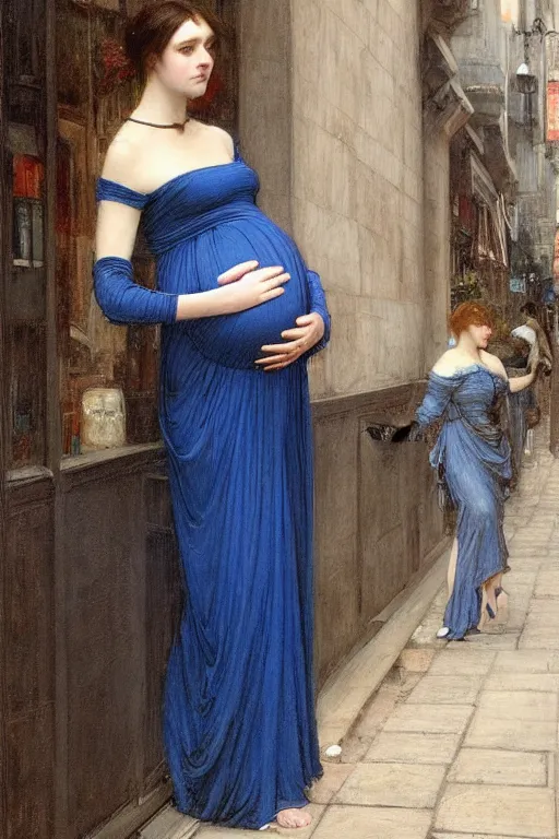 Image similar to pregnant woman in a small blue dress on night street, highly detailed, sharp focused, ultra realistic digital concept art by John William Waterhouse