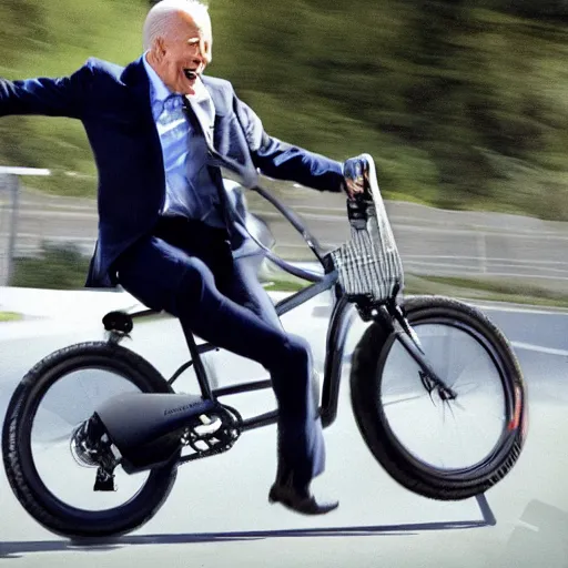 Image similar to ultra realistic photo of joe biden falling off of his bike, film, perfect face, in the style of a candid photo