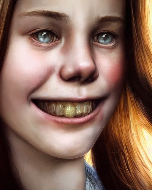 Prompt: close up portrait of 1 5 - year - old girl, smile with large front teeth, hermione, very bushy brown hair, and very bright brown eyes, wearing white shirt, hyper realistic face, beautiful eyes, character art, art by mark brooks, hyperdetailed, cryengine, trending on artstation, digital art