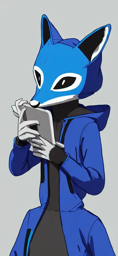 Image similar to an sketch art of anthropomorphic fox in a blue hoodie hacking a portable computer by gainax studio, artstation, digital art, oc commission, high detailed, stylised