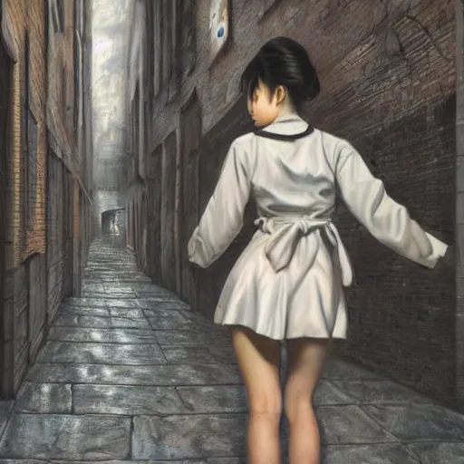 Image similar to a perfect, realistic professional oil painting in Dali style, of a Japanese schoolgirl posing in a dystopian alleyway, close-up, by a professional American senior artist on ArtStation, a high-quality hollywood-style concept