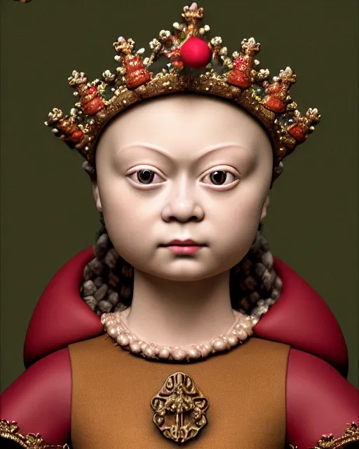 Image similar to closeup profile medieval jan van eyck face portrait of tin toy greta thunberg as a fairytale princess wearing a crown eating cakes in the castle, bikini, nicoletta ceccoli, mark ryden, lostfish, max fleischer, depth of field, detailed and intricate environment, 8 k resolution, hyperrealistic, octane render