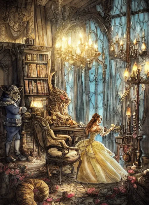 Image similar to portrait, Beauty and the beast furniture, at a garagesale, watercolor, dramatic lighting, cinematic, establishing shot, extremly high detail, foto realistic, cinematic lighting, pen and ink, intricate line drawings, by Yoshitaka Amano, Ruan Jia, Kentaro Miura, Artgerm, post processed, concept art, artstation, matte painting, style by eddie mendoza, raphael lacoste, alex ross