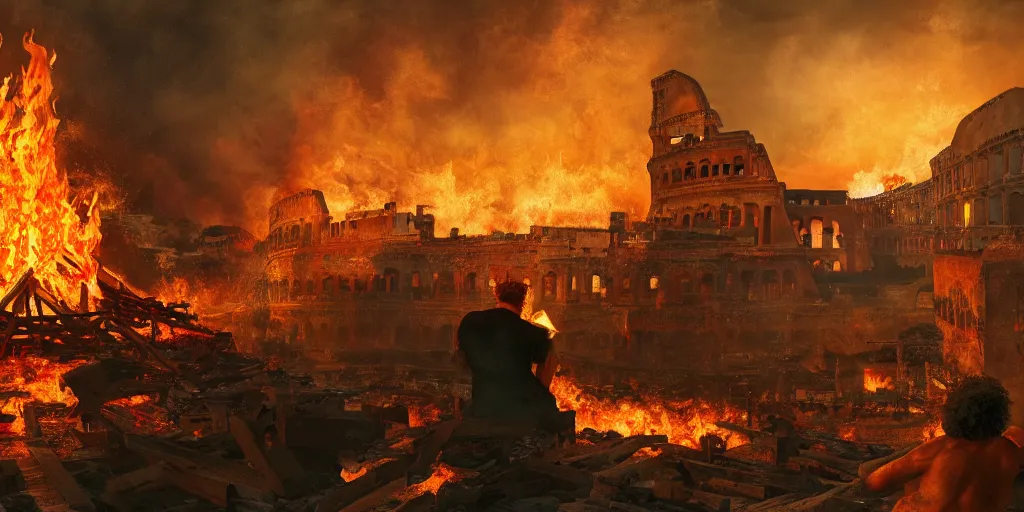 Image similar to Painting of Emperor Nero watching the great fire of rome, abstract, realism, 8k, detailed, terror, octane render, 3d render, complex emotion, glow