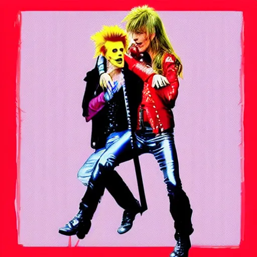 Image similar to david bowie from labyrinth getting a piggy back ride from ziggy stardust, digital art, glam rock. pop art background.