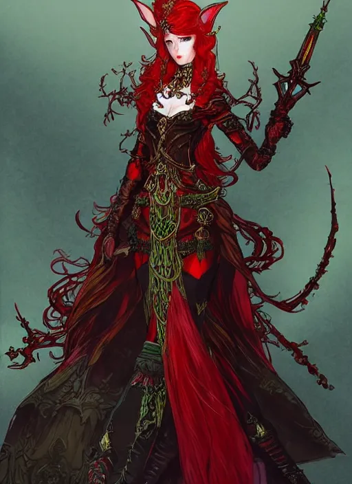 Image similar to Full body portrait of a beautiful red haired elven queen with haughty look, ominous aura wearing, red, green and gold ornate queen dress. In style of Yoji Shinkawa and Hyung-tae Kim, trending on ArtStation, dark fantasy, great composition, concept art, highly detailed.