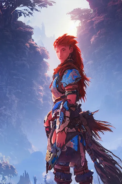 Image similar to combination suit armor aloy horizon forbidden west horizon zero dawn radiating a glowing aura global illumination ray tracing hdr fanart arstation by ian pesty and alena aenami artworks in 4 k tribal robot ninja mask helmet backpack