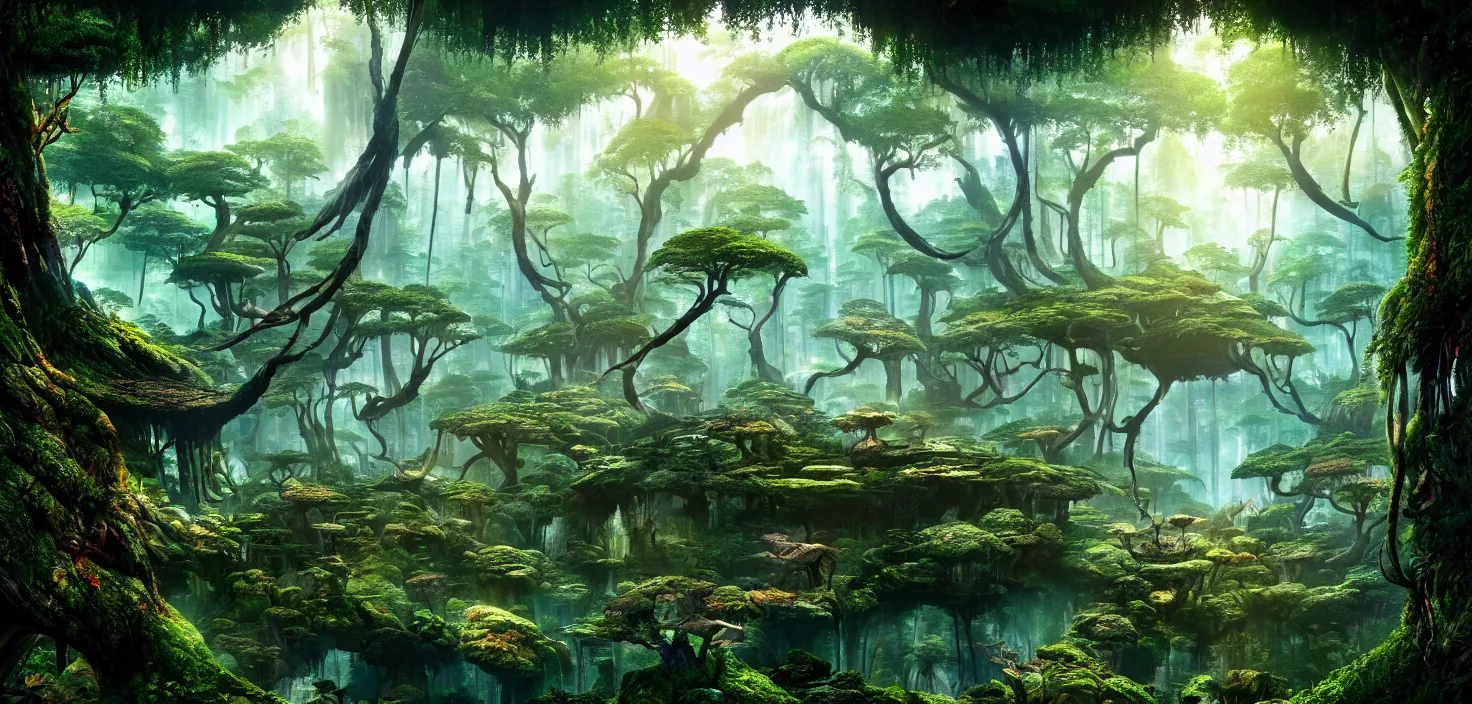 Image similar to forest world of avatar ， central symmetrical composition, incredible, vector art, octane render, fabulous, hyper detailed, random cinematic view, no noise, global illumination, warm lighting, volumetric, godrays, vivid, beautiful