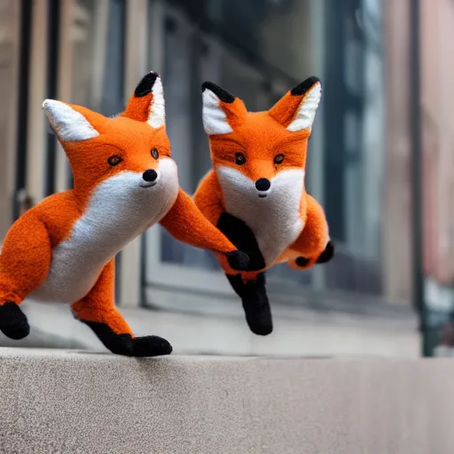 Image similar to Two fox! plushies playfully wrestling on the sidewalk, dynamic, motion blur, 1/4 shutter speed, award winning photography