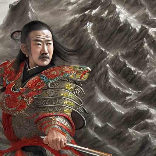 Image similar to dynamic composition, motion, ultra-detailed, incredibly detailed, a lot of details, amazing fine details and brush strokes, colorful and grayish palette, smooth, HD semirealistic anime CG concept art digital painting, watercolor oil painting of a Tang Ming dynasty chinese tao fantasy general wearing armor, from Three Kingdoms, by a Chinese artist at ArtStation, by Huang Guangjian, Fenghua Zhong, Ruan Jia, Xin Jin and Wei Chang. Realistic artwork of a Chinese videogame, gradients, gentle an harmonic grayish colors.