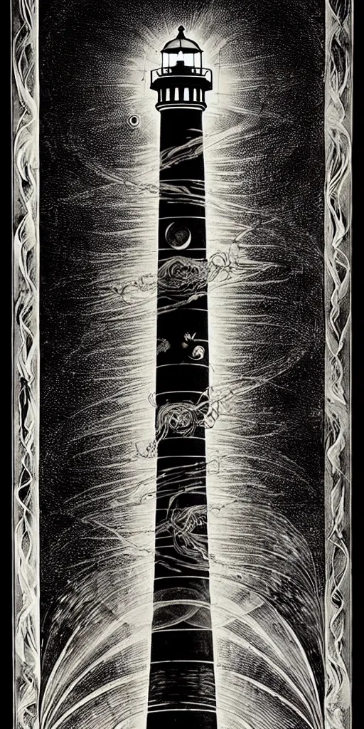 Image similar to an epic lighthouse radiates a unique canto'as above so below'while being ignited by the spirit of haeckel and robert fludd, breakthrough is iminent, glory be to the magic within, in honor of saturn, painted by ronny khalil