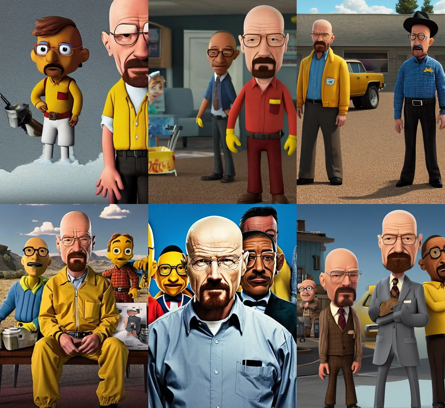 Prompt: walter white from breaking bad is in the pixar movie, standing together with gustavo fring, pixar style, movie poster