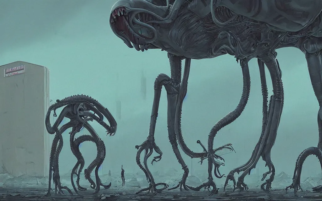 Prompt: A greasy Xenomorph. Digital art, Simon Stålenhag, despair.