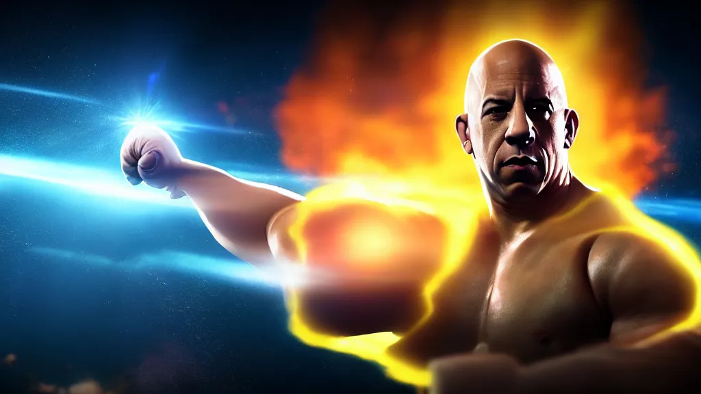 Image similar to extreme wide shot of vin diesel as saitama!!! punching!!! a car!!!!!! into space, ultra realistic, lens flare, atmosphere, glow, detailed, intricate, full of colour, cinematic lighting, trending on artstation, 4 k, hyperrealistic, focused, extreme details, unreal engine 5, cinematic, masterpiece