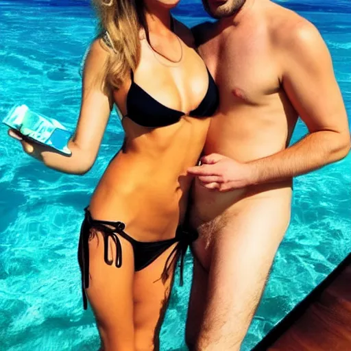 Image similar to photo of a 4 0 year old man that looks young for his age dating a very attractive 2 2 year old woman wearing a bikini. they are swimming.