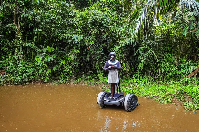 Image similar to a colonial closeup photograph of a Segway in a village at the river bank of Congo , Thick jungle, scary, evil looking, wide angle shot