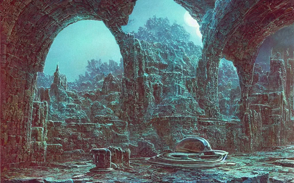 Image similar to ancient tomb made of iridescent metal, alien (hostile) architecture, award winning oil painting by Bruce Pennington, midnight color palette