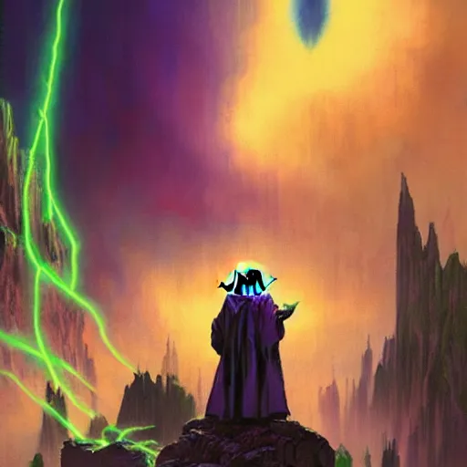 Image similar to yoda is angry and turning to the dark side, overwhelming energy, detailed background by m. w. kaluta + bruce pennington, dark side, neon color, volumetric lighting, colorful vapor, deep dark color, floating molecules, digital painting, oil painting, artwork by ralph mcquarrie + cory loftis + andreas rocha + paul lehr + ian mcque + eddie mendoza