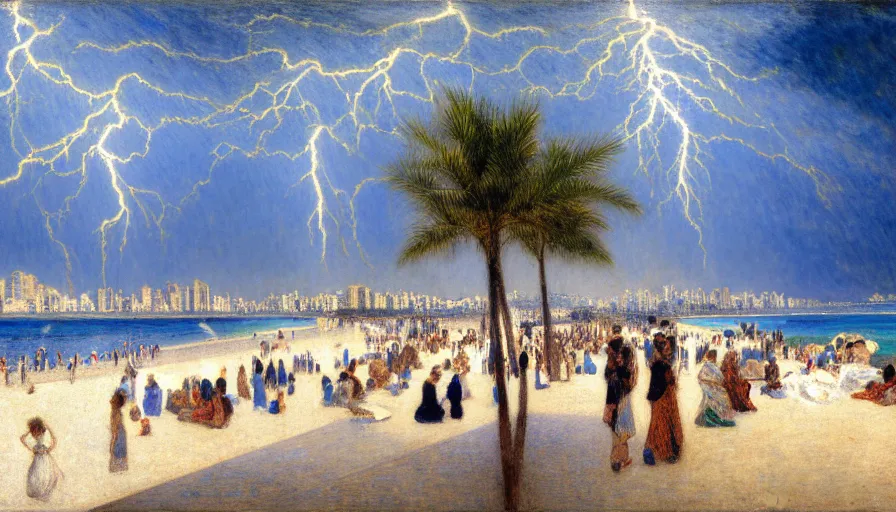 Image similar to a ultradetailed beautiful painting of the thunder sky of the rio de janeiro palace balustrade designed by jules bastien - lepage, tarsila do amaral, frank weston and gustave baumann, beach, trending on artstation, mediterranean, palm trees, sharp focus, lightning sparkles refraced lines, soft light, 8 k 4 k