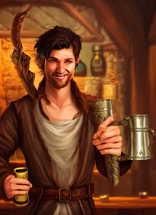 Image similar to An epic fantasy comic book style portrait painting of a handsome young man with brown wavey hair, wearing thief clothing in a tavern and smiling with a wooden tankard in hand, unreal 5, DAZ, hyperrealistic, octane render, cosplay, RPG portrait, dynamic lighting