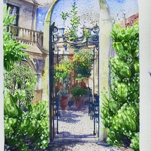 Prompt: delicate, chairs, garden, paved, botanic watercolors, iridescent, 8 k, realistic shaded, fine details, artstation, italian, iron gate, tree, mediterranean