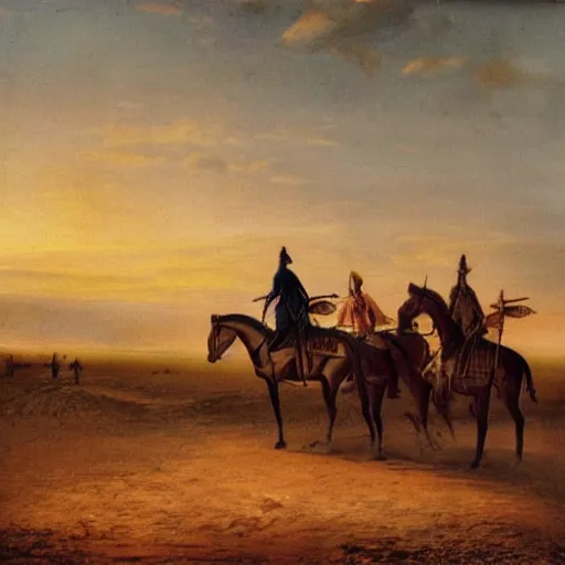 Prompt: sunset in a desert, armored touaregs riding horses, tapestry, victorian gobelin