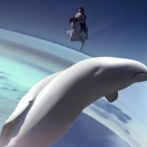 Image similar to Conquistador on Saturn riding a beluga whale, hyper-realistic, cinematic, 4k, render