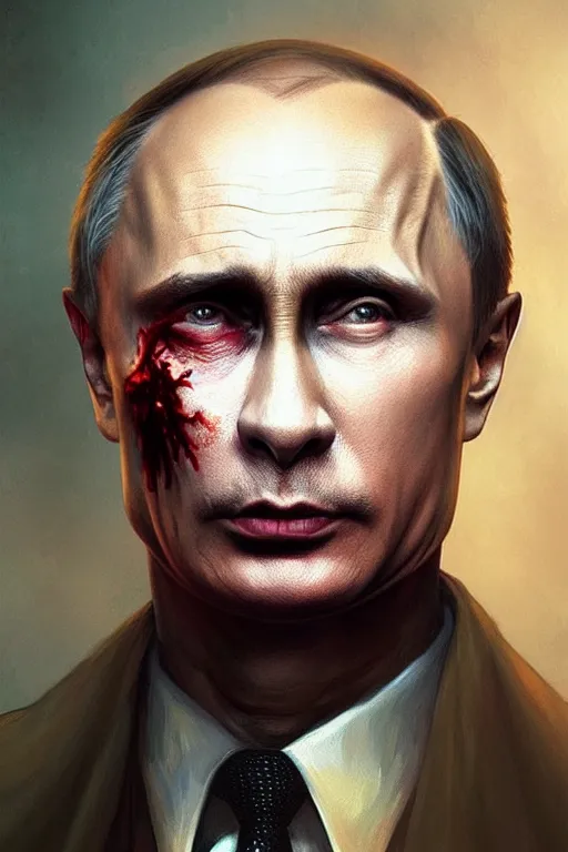 Image similar to Vladimir Putin as zombie, portrait, highly detailed, digital painting, artstation, concept art, smooth, sharp focus, illustration, cinematic lighting, art by artgerm and greg rutkowski and alphonse mucha