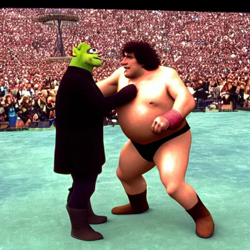 Image similar to shrek vs andre the giant at wrestlemania 8, high definition, 8k