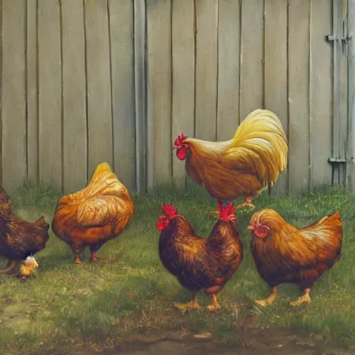 Image similar to chickens putting human beings in coops, oil painting, hyper realistic