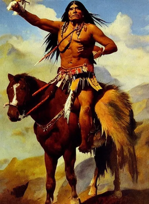 Prompt: powerful native american warrior!! beautiful native american sitting on horse, nineteenth century painting, painted by frank frazetta