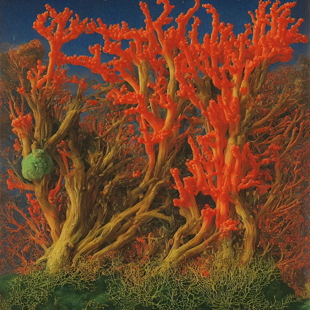 Prompt: a single! colorful! ( coral ) fungus tower clear empty sky, a high contrast!! ultradetailed photorealistic painting by jan van eyck, audubon, rene magritte, agnes pelton, max ernst, walton ford, andreas achenbach, ernst haeckel, hard lighting, masterpiece