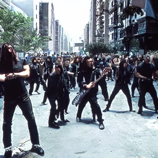 Prompt: nine inch nails performing on the streets of hell movie still