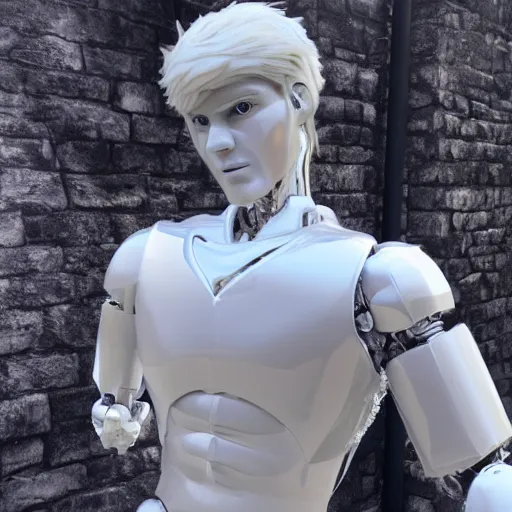 Image similar to made of ice, a realistic detailed photo of a guy who is an attractive humanoid who is half robot and half humanoid, who is a male android, on display, blank stare, showing off his muscles, shiny skin, posing like a statue, by the pool, frozen ice statue, twitch streamer / gamer ludwig, humanoid robot