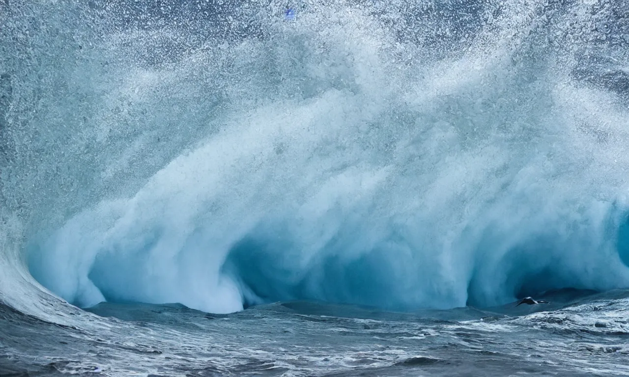 Image similar to giant waves rolling over, inside the tunnel, with great white shark inside the wave tunnel, by national geographic, high speed photography, refractions, nazare (portugal)